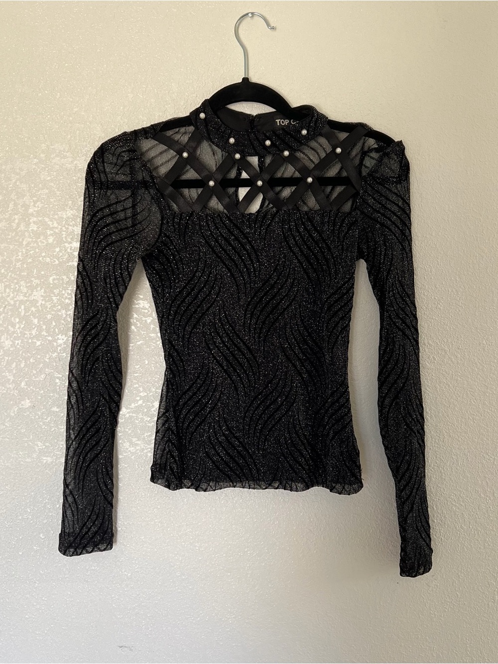 Black Sparkly Long Sleeve Mesh Top